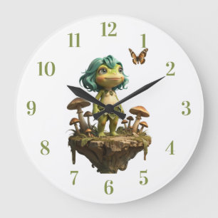 Reloj Redondo Grande Niña Rana Adorable Entre Hongos con Mariposa