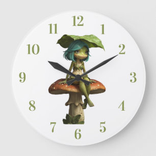 Reloj Redondo Grande Niña Rana Adorable Sentada en un Hongo