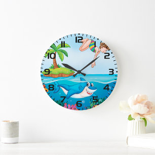 Reloj Redondo Grande Niña saltando al océano con tiburón amigable y arr