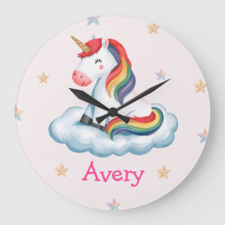 Reloj Redondo Grande Niñas Lindas Unicornio De Arcoíris Rosa Guardería�