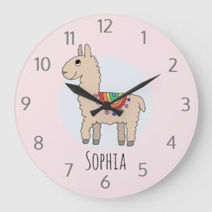 Reloj Redondo Grande Niñas Llama de Dibujos Animados con Arcoíris y Nom