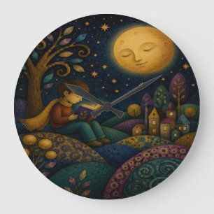 RELOJ REDONDO GRANDE NIÑO CAPRICHOSO LEYENDO BAJO LA LUNA