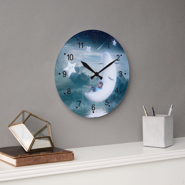 Reloj Redondo Grande Niño pequeño en las estrellas de las nubes lunares (Oficina)