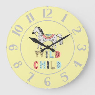 Reloj Redondo Grande Niño Salvaje Caballo Escandinavo Amarillo Pastel  