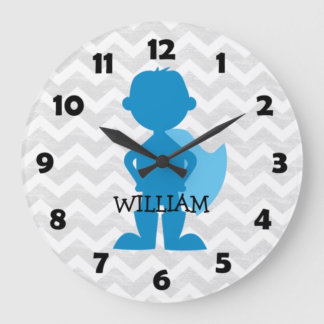 Reloj Redondo Grande Niño Superhéroe azul Personalizado Chevron Gris Ki (Anverso)