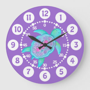 Reloj Redondo Grande Niños adorable arte de tortuga arte morado aqua re