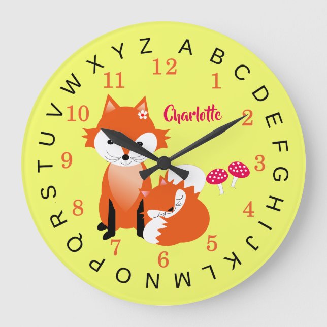Reloj Redondo Grande Niños Alfabeto educativo Cute Fox Personalizado (Anverso)
