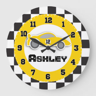 Reloj Redondo Grande Niños coche marca de verificación amarillo nombre