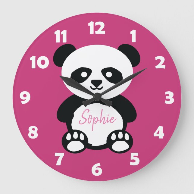 Reloj Redondo Grande Niños con oso panda rosado lindo y personalizado K (Anverso)