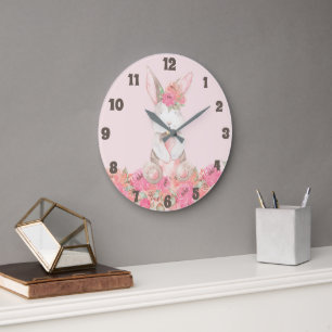 Reloj Redondo Grande Niños conejitos con flores rosadas Habitación Nurs