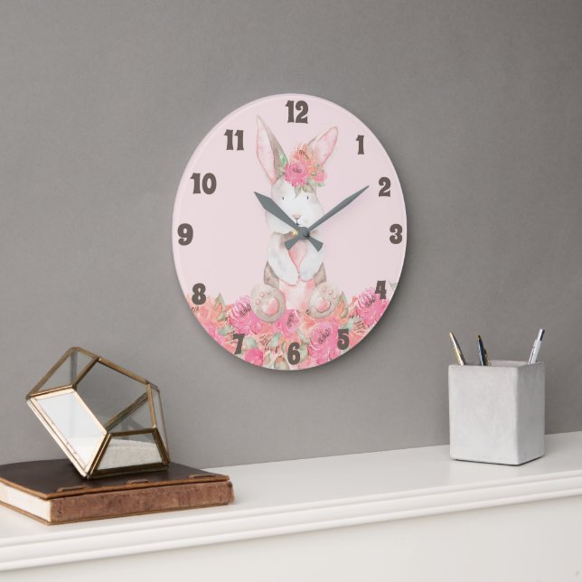 Reloj Redondo Grande Niños conejitos con flores rosadas Habitación Nurs (Oficina)