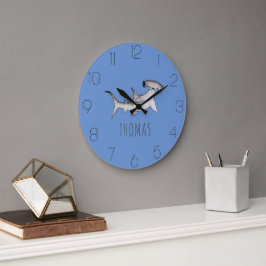 Reloj Redondo Grande Niños Cute Blue Ocean Hammerhead Shark Nursery