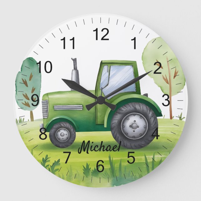 Reloj Redondo Grande Niños de acuarela de la granja de tractores verdes (Anverso)