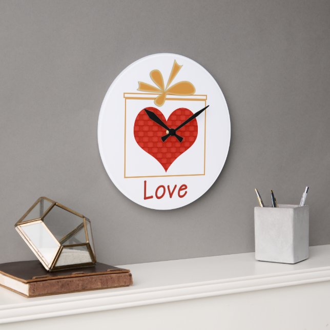 Reloj Redondo Grande Niños de cinta dorada del corazón rojo (Oficina)