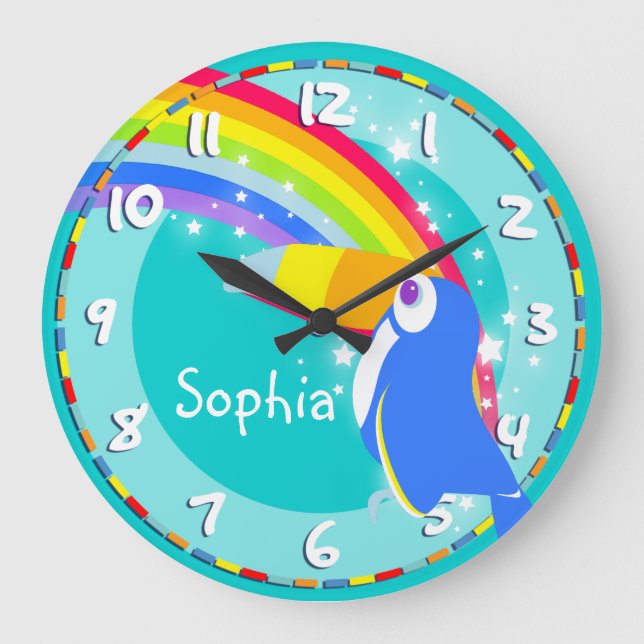 Reloj Redondo Grande Niños divertidos arco iris toucan nombre aqua relo (Anverso)