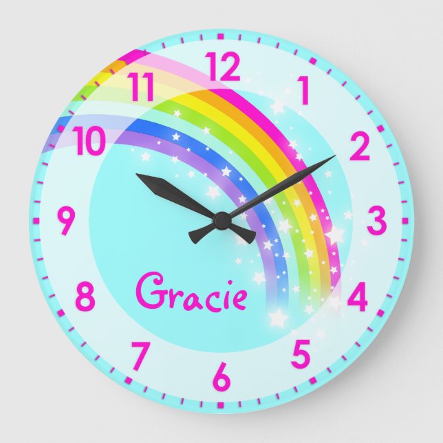 Reloj Redondo Grande Niños divertidos chicas arco iris nombre aqua relo (Anverso)