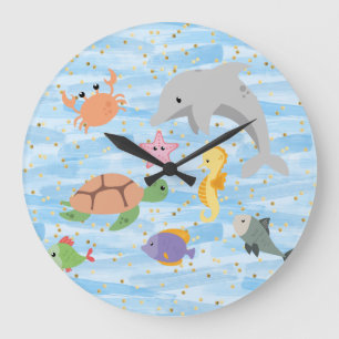 Reloj Redondo Grande Niños divertidos lindos animales marinos estrella 