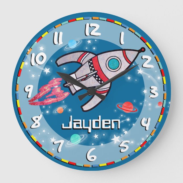Reloj Redondo Grande Niños divertidos niños cohete espacio azul aqua pa (Anverso)