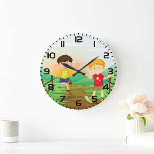 Reloj Redondo Grande Niños Felices Jugando al Aire Libre