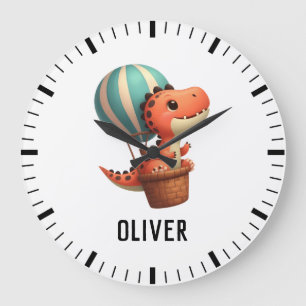 Reloj Redondo Grande Niños Lindos Dino Volando en un Globo Aerostático
