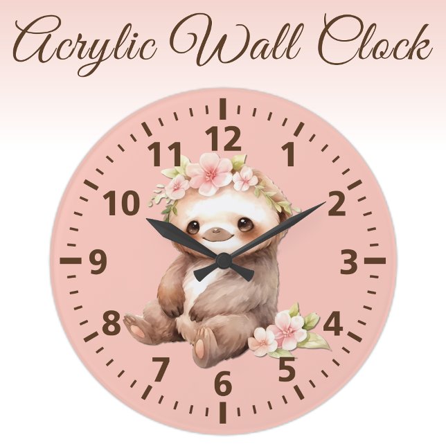 Reloj Redondo Grande Niños lindos perezosos con flores marrón rosa (Subido por el creador)