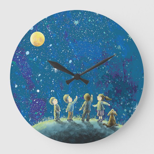 Reloj Redondo Grande Niños Mirando El Cielo Nocturno (Anverso)