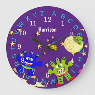 Reloj Redondo Grande Niños Monstruos educativos del espacio ultraterres