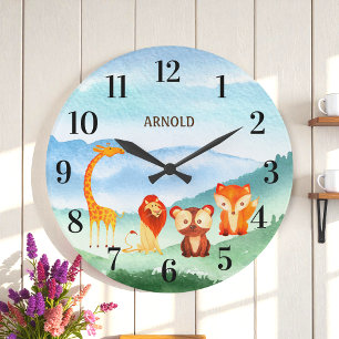 Reloj Redondo Grande Niños niños de animales curados Nursery Selva Azul