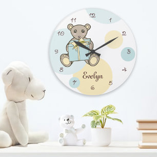 Reloj Redondo Grande Niños Pastel oso de peluche azul y amarillo