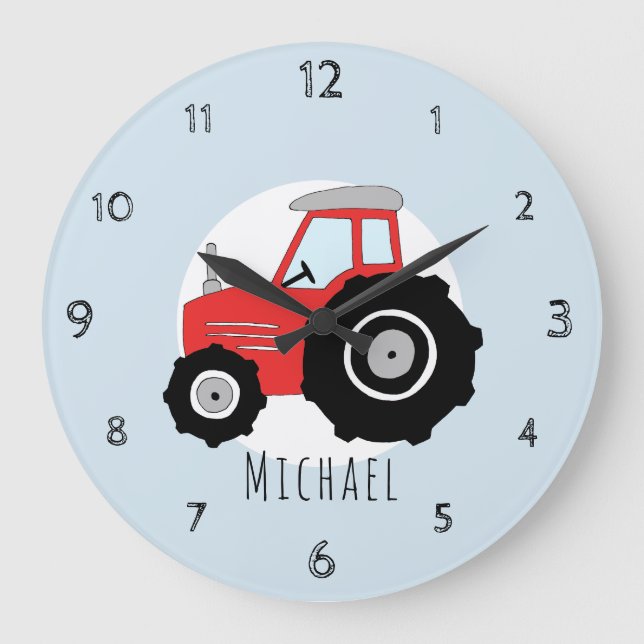 Reloj Redondo Grande Niños Personalizado de Tractor de la Granja Roja N (Anverso)