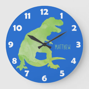 Reloj Redondo Grande Niños personalizados de dinosaurios de color azul