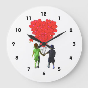 Reloj Redondo Grande Niños tomándose de la mano y globos cardíacos