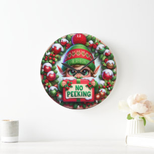 Reloj Redondo Grande No Peeking Elf" - Jugador Muro de Navidades