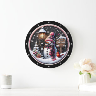 Reloj Redondo Grande Noche acogedora para Snowman" - Navidades negros f
