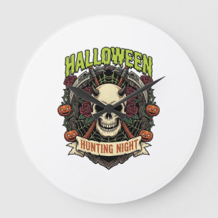 Reloj Redondo Grande Noche de caza de Halloween Cuernos Calavera Rosas
