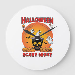 Reloj Redondo Grande Noche de Halloween Calavera Bruja Sombrero Calabaz