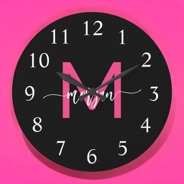 Reloj Redondo Grande Nombra de Monograma del guión moderno rosado calie (Subido por el creador)