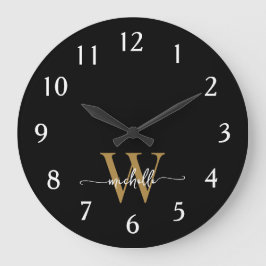 Reloj Redondo Grande Nombre con guion de monograma negro elegante moder
