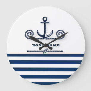 Reloj Redondo Grande Nombre de Barco Náutico, Ancla, Cuerda, Rayas Azul