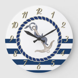 Reloj Redondo Grande Nombre de barco náutico, Ancla delfín rayas azules