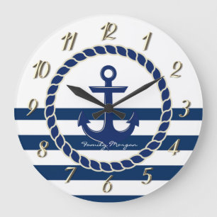 Reloj Redondo Grande Nombre de Barco Náutico, Ancla Rayas Azul Marino