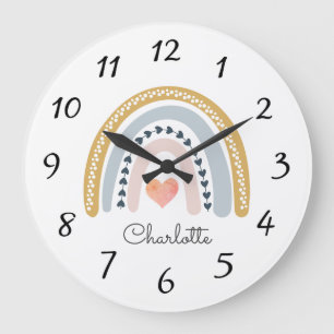 Reloj Redondo Grande Nombre de bebé de arcoíris de acuarela personaliza