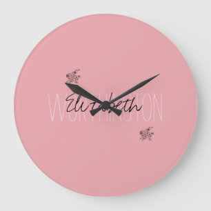 Reloj Redondo Grande Nombre de caligrafía floral femenino rosa rubor ro
