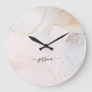 Reloj Redondo Grande Nombre de escritura artística abstracta rosa rubi