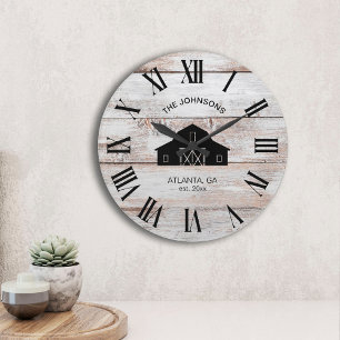 Reloj Redondo Grande Nombre de familia de granero rústico vintage en ta
