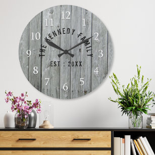 Reloj Redondo Grande Nombre de familia de la granja de madera gris