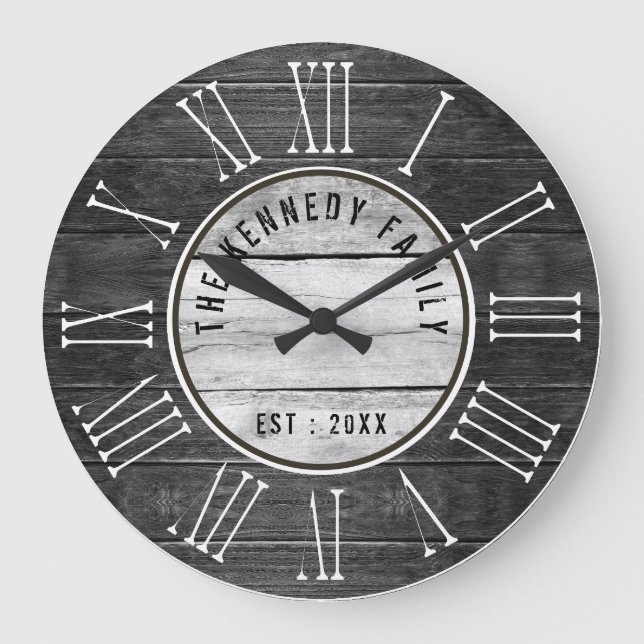 Reloj Redondo Grande Nombre de familia de madera negra Farmhouse Número (Anverso)