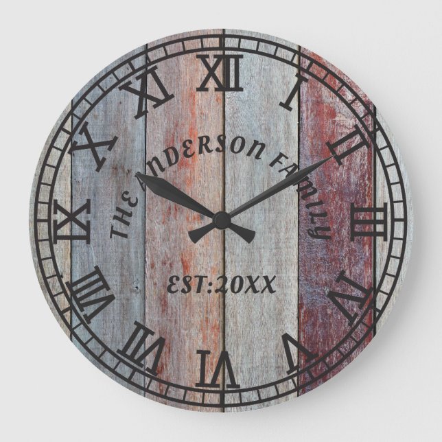 Reloj Redondo Grande Nombre de familia de Personalizado de madera marró (Anverso)