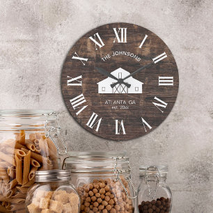 Reloj Redondo Grande Nombre de familia de tablilla de granero rústico v