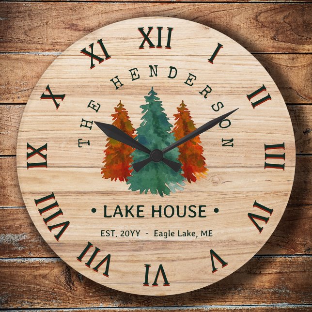 Reloj Redondo Grande Nombre de familia Lake House Pine Tree wood Person (Subido por el creador)
